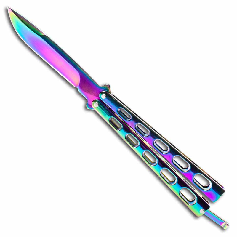 Titanium Finish Vented Balisong - Oil Spill Butterfly Knives - Vented  Rainbow Fan Knife