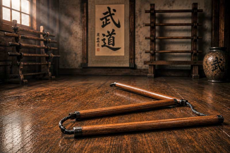 Traditional three-section staff resting on a dojo floor in warm cinematic lighting.