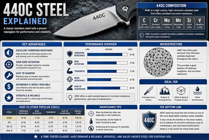 Infographic explaining 440C knife steel with charts showing corrosion resistance, edge retention, toughness, sharpening ease, and steel composition