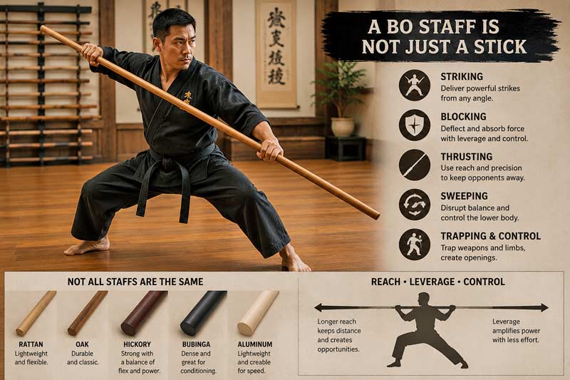 Martial artist demonstrating bo staff techniques in a dojo with infographic showing striking, blocking, thrusting, sweeping, and different staff types