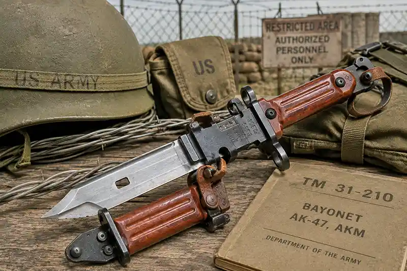 Cold War AKM bayonet and scabbard configured as a wire cutter beside military field gear and barbed wire.