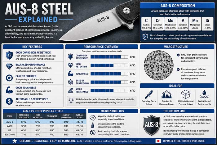 Infographic explaining AUS-8 knife steel with charts showing toughness, corrosion resistance, sharpening ease, edge retention, and steel composition