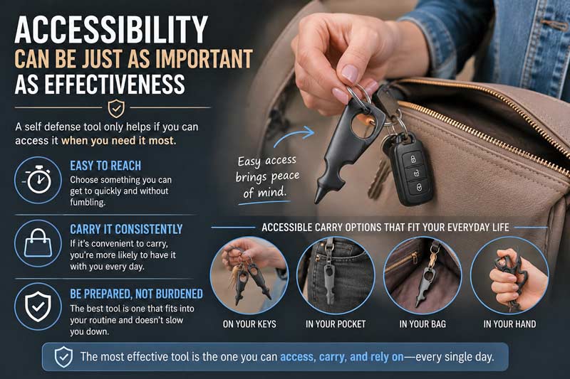 Infographic-style image showing an accessible self defense keychain attached to keys and bag with visuals emphasizing easy access, portability, and everyday carry convenience