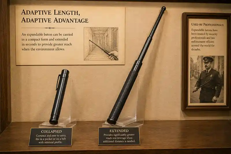Collapsed and extended expandable batons displayed side by side