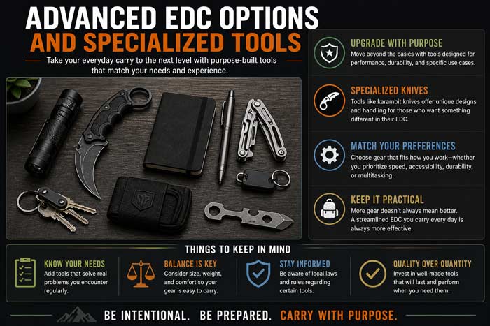Infographic showing advanced everyday carry gear with items like flashlight, karambit knife, multitool, wallet, keys, and pen arranged on a table