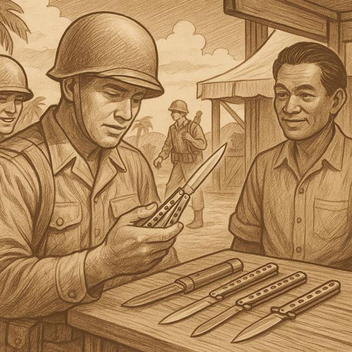 Vintage illustration of American soldiers examining balisongs during WWII.