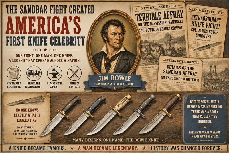 Jim Bowie portrait with newspaper headlines and Bowie knife designs illustrating America's first knife celebrity.
