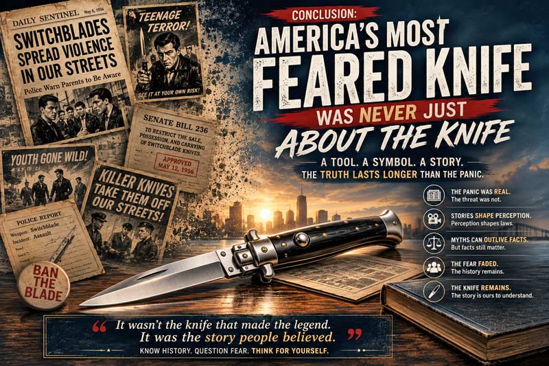 Switchblade on a table beneath fading headlines, symbolizing how fear and myths outlasted the original panic.