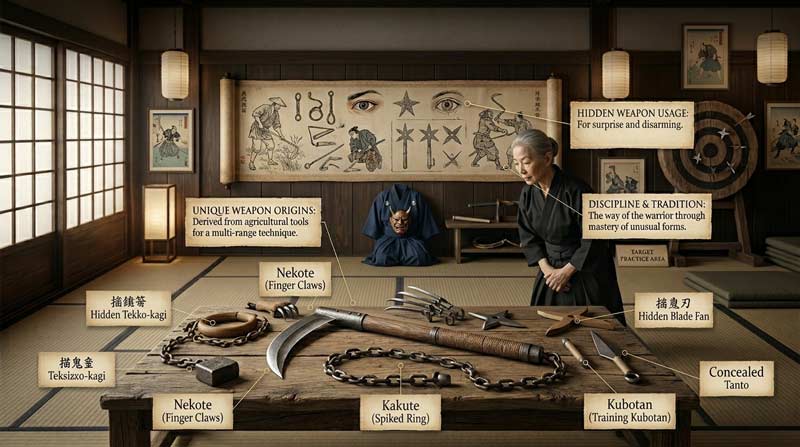 Historical display of hidden martial arts weapons in a traditional dojo with educational ninja-themed training tools and concealed weapon designs
