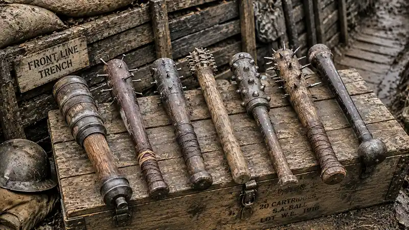 World War I trench clubs displayed on an ammunition crate