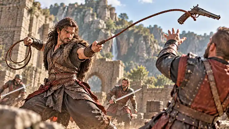 Warrior using a whip to disarm an opponent in a medieval fortress courtyard.