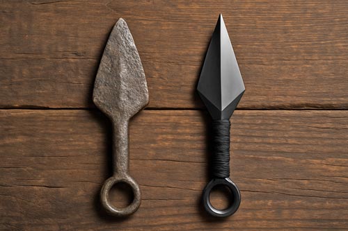 Old utility kunai beside a modern polished kunai on wooden surface.