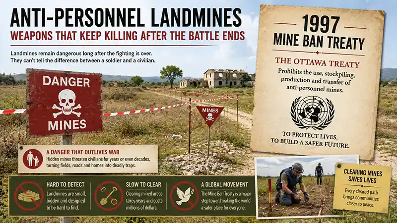 Anti-personnel landmine field with warning signs and the 1997 Mine Ban Treaty