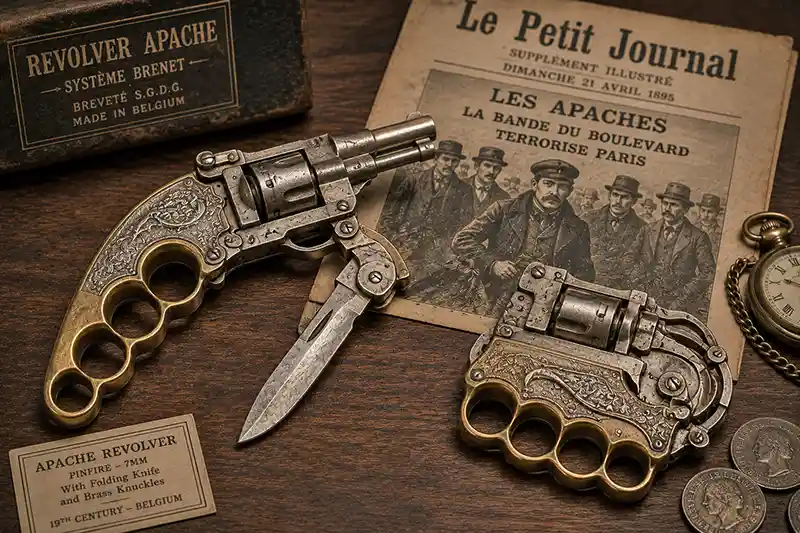 Antique Apache revolver with folding knife and brass knuckles