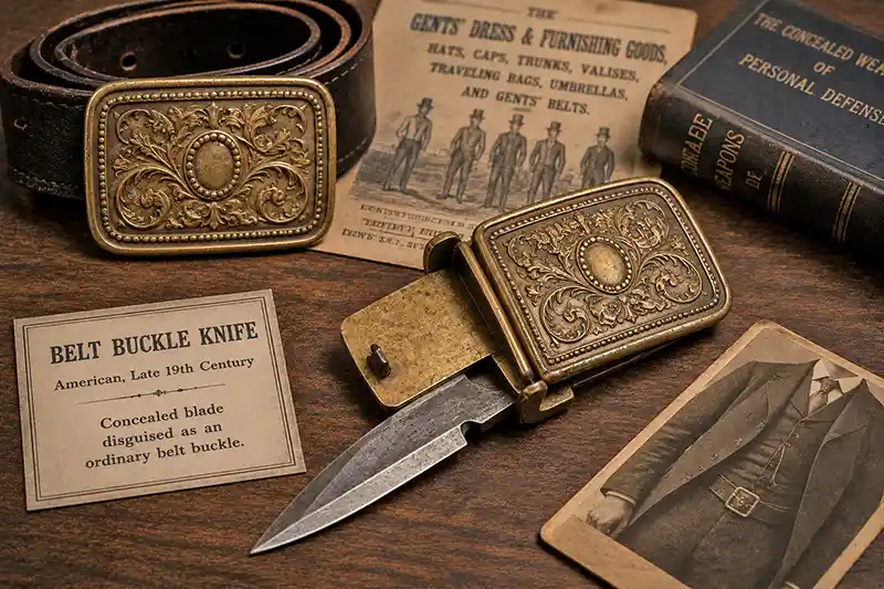 Antique belt buckle knife with concealed blade on museum display
