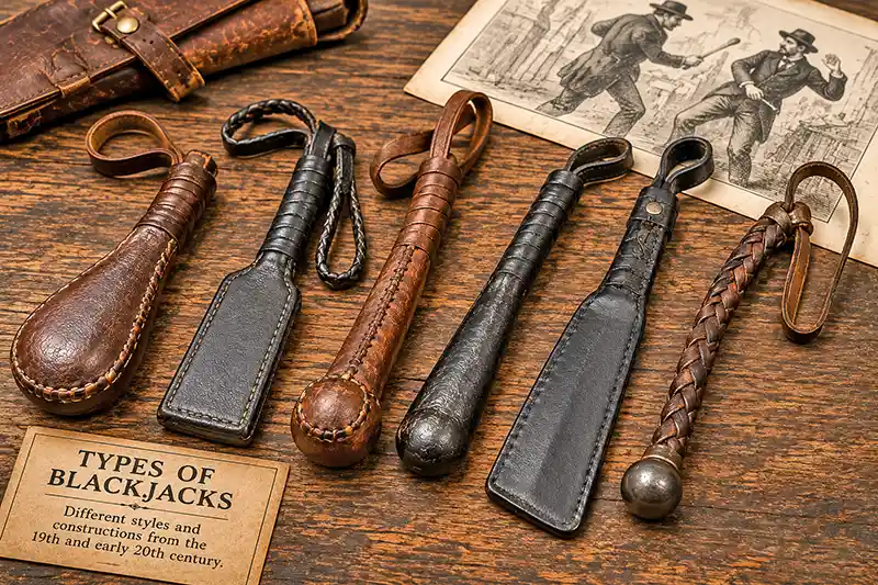 Antique leather blackjacks displayed on a wooden table
