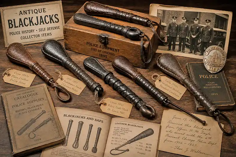 Antique blackjacks displayed with vintage police memorabilia