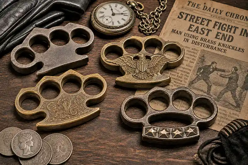 Antique brass knuckle dusters with Victorian police memorabilia