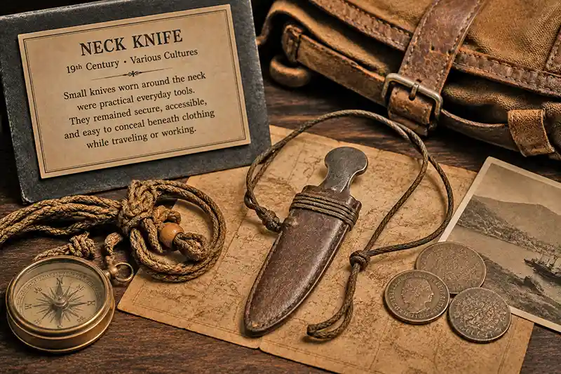 Antique neck knife with leather sheath and vintage travel gear
