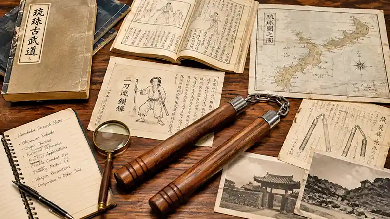 Traditional wooden nunchaku displayed with historical Okinawan maps, manuscripts, and research notes