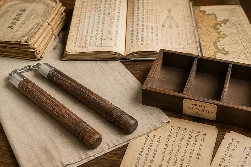 Aged wooden nunchaku displayed beside historical manuscripts and incomplete archival records
