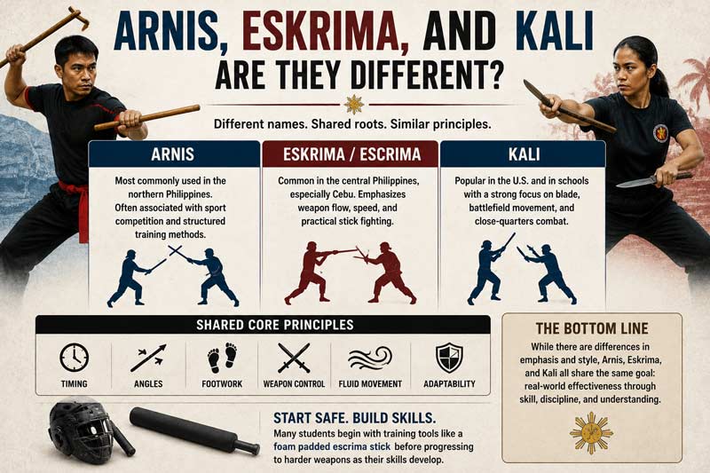 Comparison of Arnis, Eskrima, and Kali martial arts with training styles and shared techniques