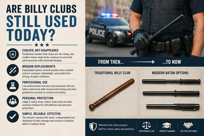 Infographic comparing traditional billy club and modern baton designs showing how they are still used today