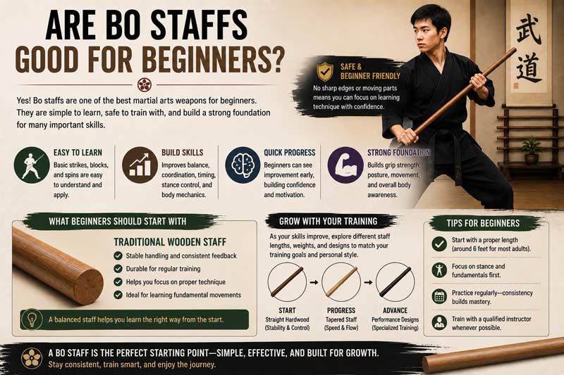 Infographic explaining why bo staffs are beginner-friendly martial arts weapons and how new students can start training safely