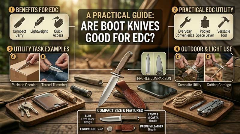 Infographic showing a compact boot knife alongside everyday carry items like keys, wallet, flashlight, and rope, highlighting lightweight carry, compact size, quick access, and practical everyday utility in a rustic setting
