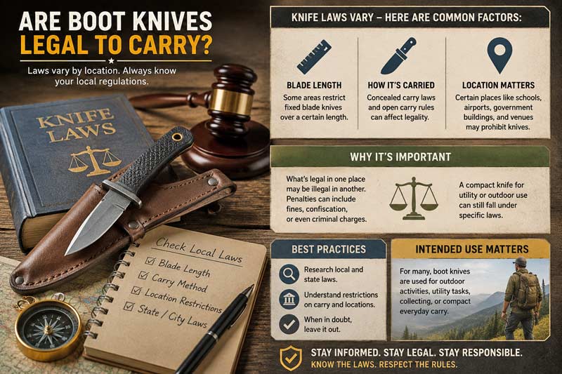 Infographic explaining whether boot knives are legal to carry, showing a compact boot knife with a sheath alongside legal considerations like blade length, carry method, restricted locations, and local law variations in a rustic setting