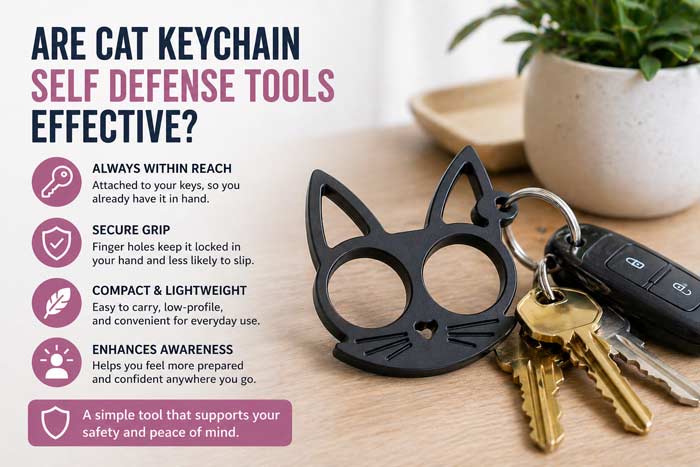 cat ear self defense keychain with keys and infographic showing effectiveness and everyday carry benefits