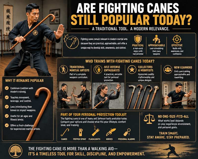Infographic showing a martial artist training with a fighting cane and explaining why martial arts canes remain popular today