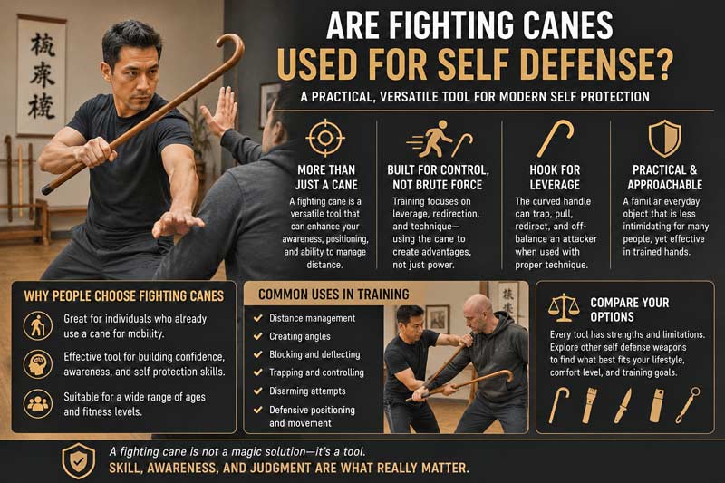 Martial artist demonstrating fighting cane training techniques with infographic explaining self defense and control concepts