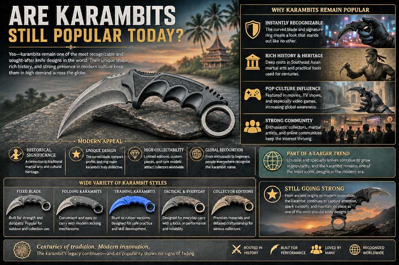 Karambit infographic showing modern popularity, unique knife designs, history, and cultural influence of karambit knives