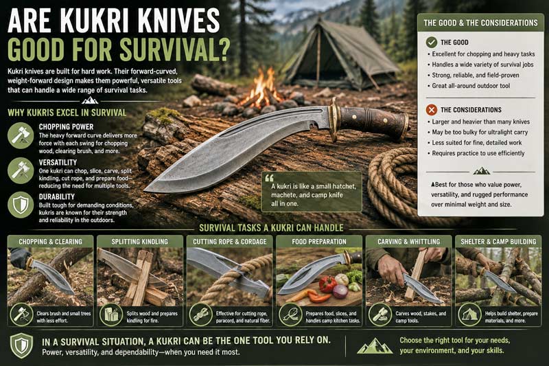 Infographic explaining whether kukri knives are good for survival, showing chopping power, versatility, durability, camp tasks, and survival uses in an outdoor campsite setting