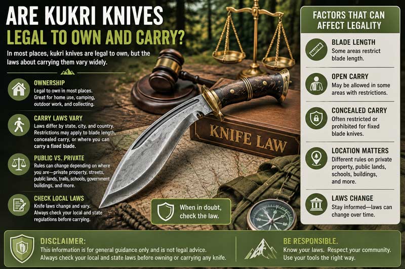 Infographic explaining whether kukri knives are legal to own and carry, showing a kukri knife with legal considerations like blade length, carry laws, and location restrictions in an outdoor setting