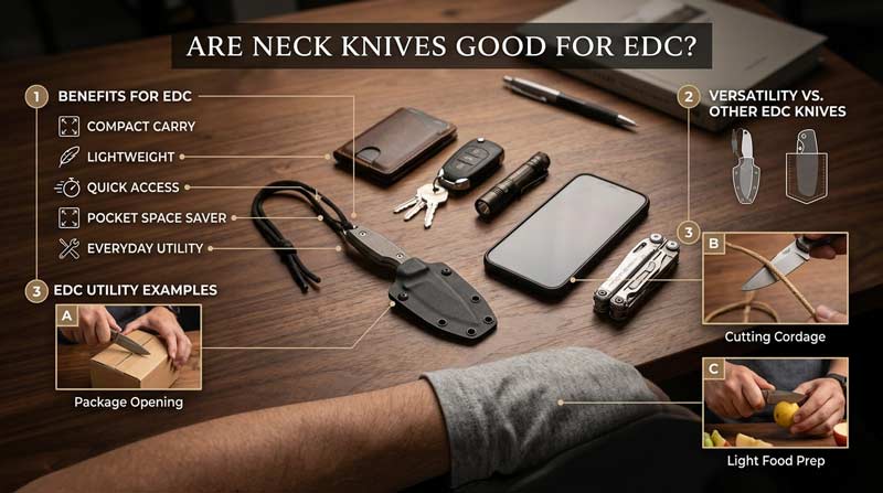 Infographic showing a compact neck knife worn for everyday carry alongside keys, wallet, flashlight, and phone, highlighting lightweight carry, quick access, pocket space savings, and practical daily utility
