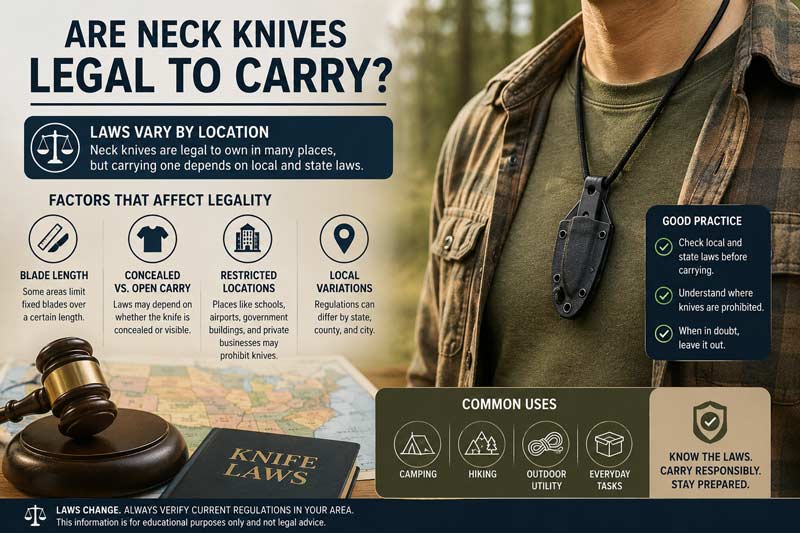 Infographic explaining whether neck knives are legal to carry, showing a compact neck knife worn on a cord necklace with highlights for blade length laws, concealed versus open carry, restricted locations, and outdoor utility considerations