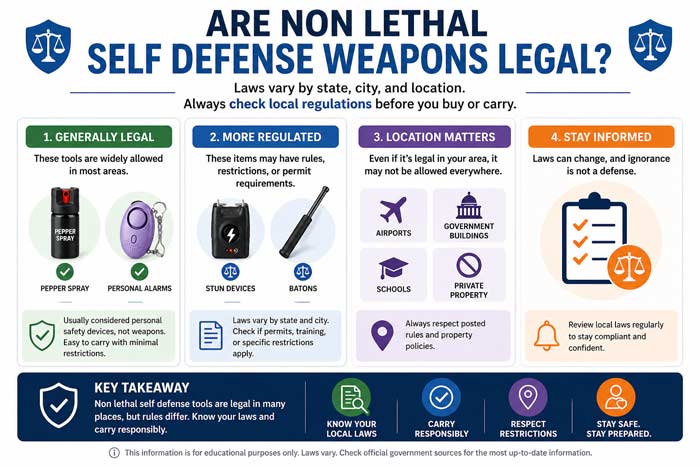 Infographic explaining legality of non lethal self defense weapons including pepper spray stun devices and location-based restrictions
