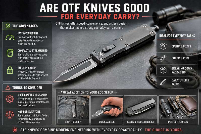 Person holding an OTF knife with everyday carry gear, surrounded by infographic panels explaining EDC benefits and practical uses