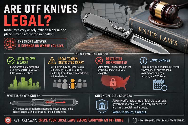 Infographic explaining OTF knife legality with a knife illustration, law symbols, and reminders to check local regulations before carrying