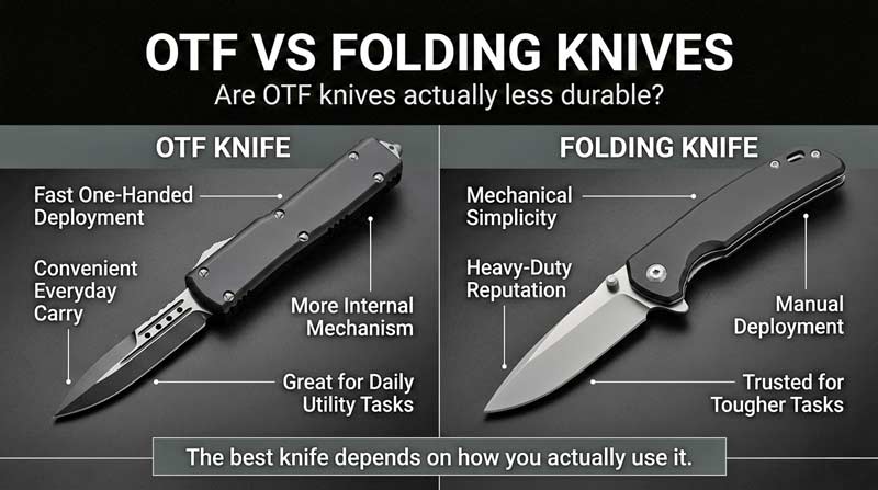 OTF knife vs folding knife infographic comparing durability, deployment, and everyday carry practicality