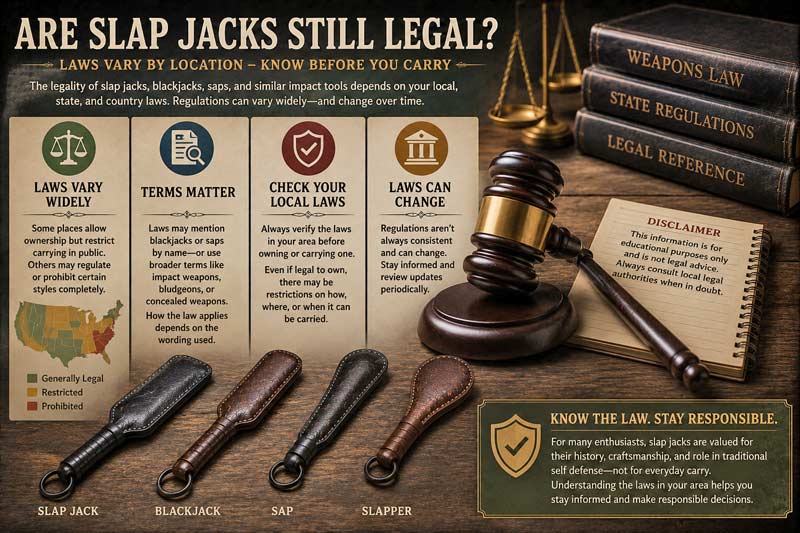 Infographic explaining the legality of slap jacks, blackjacks, saps, and slappers with legal references and historical leather tools displayed side by side
