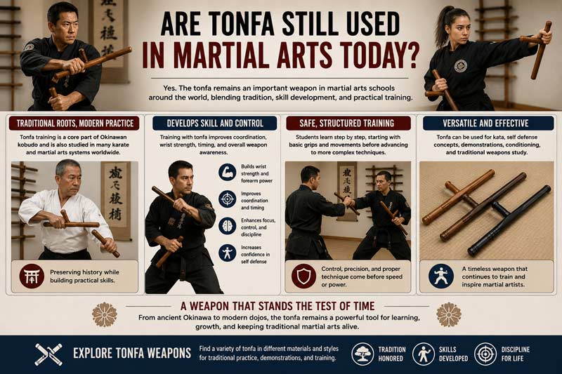Modern martial arts training with tonfa weapons in an Okinawan dojo setting showing forms and partner practice