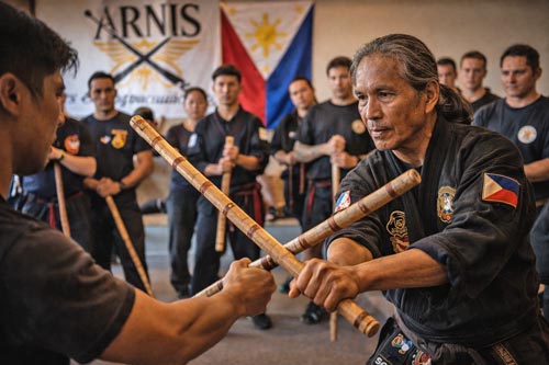 Filipino martial arts instructor teaching Escrima to students with rattan sticks.