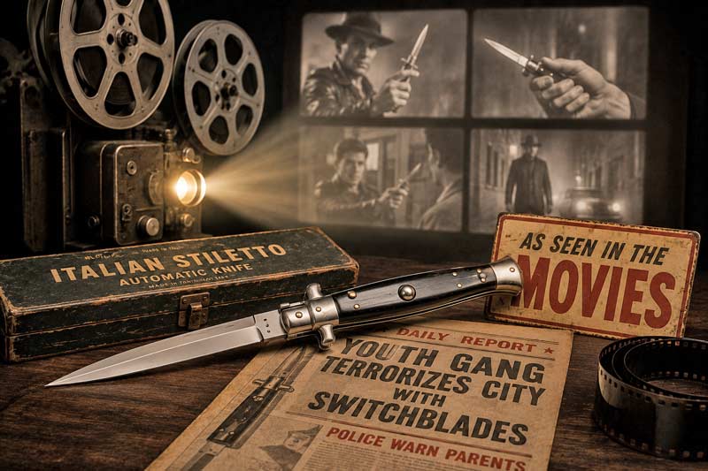 Vintage movie projector shining on an Italian stiletto switchblade, illustrating Hollywoods influence on knife terminology