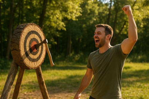 Excited man who just hit the target with a throwing axe.