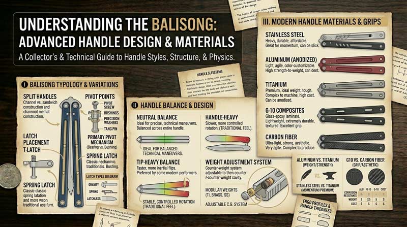 Infographic comparing modern butterfly knife styles including training balisongs, collector designs, premium materials, and traditional-inspired models