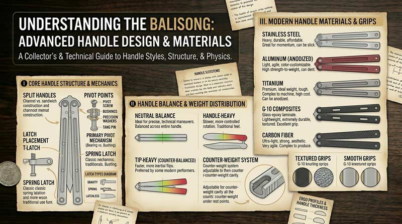 Infographic explaining butterfly knife handle design with split handles, pivots, latch systems, and modern balisong materials and styles