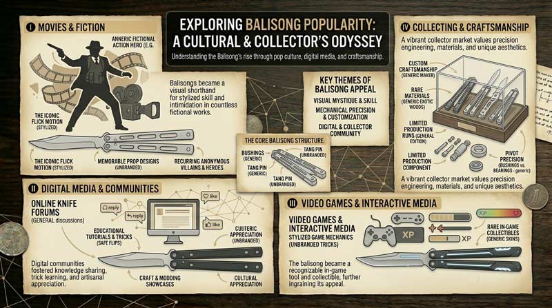 Infographic showing the influence of butterfly knives in movies, gaming, collector culture, and online knife communities